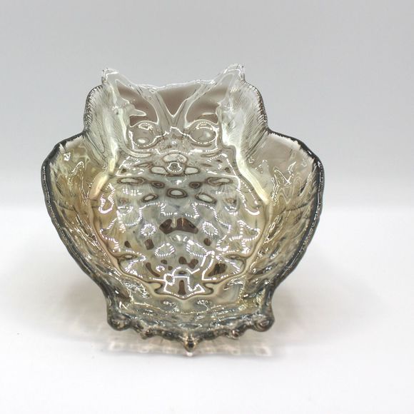 Vintage Glass Iridescent Opalescent Bronze Owl Shaped Candy Dish | Trinket Dish - Picture 3 of 5